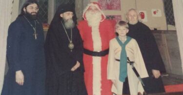 Left to Right. Fr. Ioann Suscenko, Bp. Constantine, Ded Moroz, Alexander Suscenko, Protod Sergii. London. Early 1980s